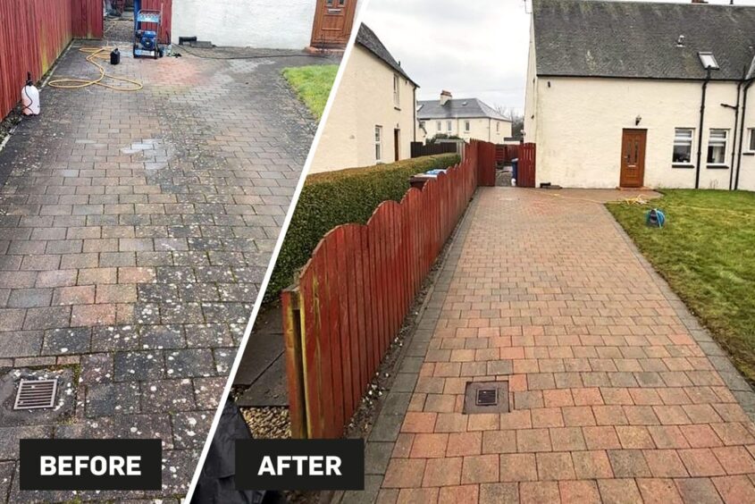 photos of a driveway before and after power washing 