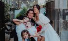 Kyle and Laura Falconer on their wedding day with daughters Wylde and Winnie, and son Jet. Image: altweddingco