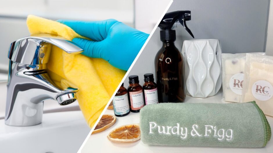 left photo shows hand covered in a blue glove cleaning a tap. right photo shows various cleaning products 