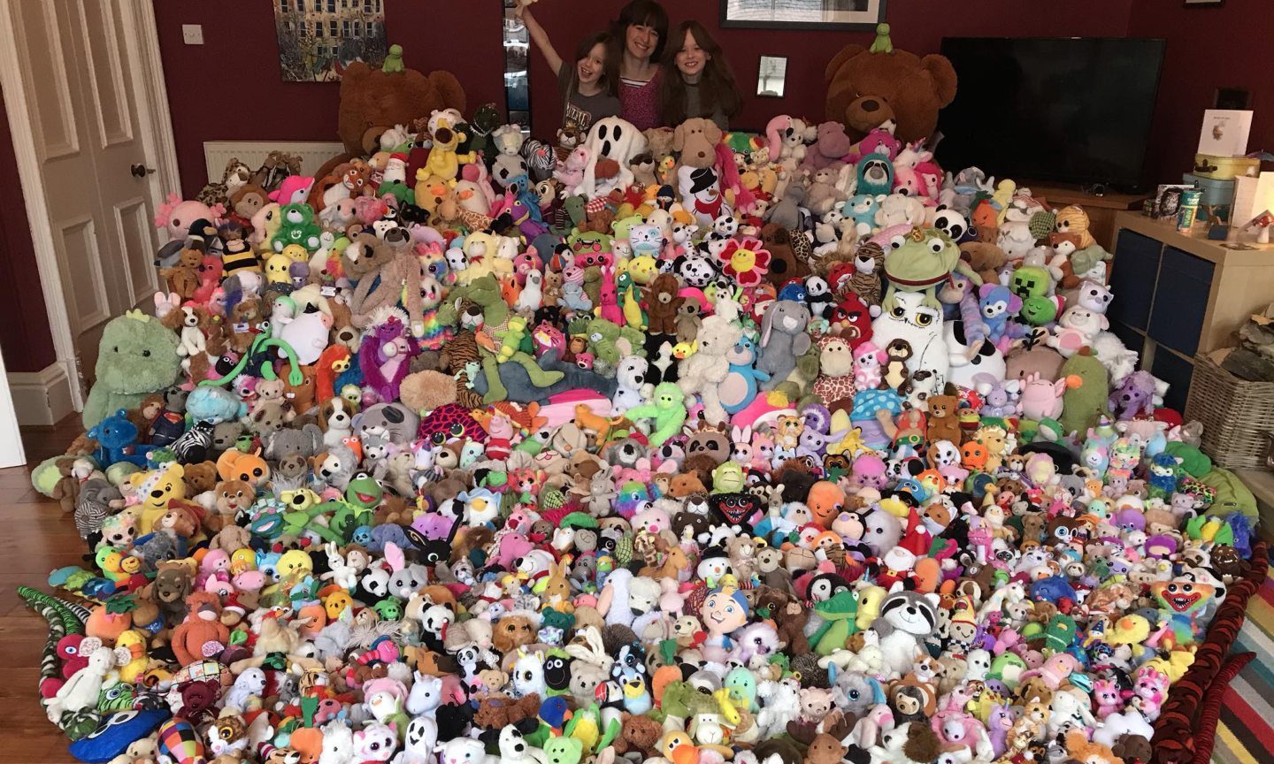 The Lee family's collection of stuffed plushie toys.