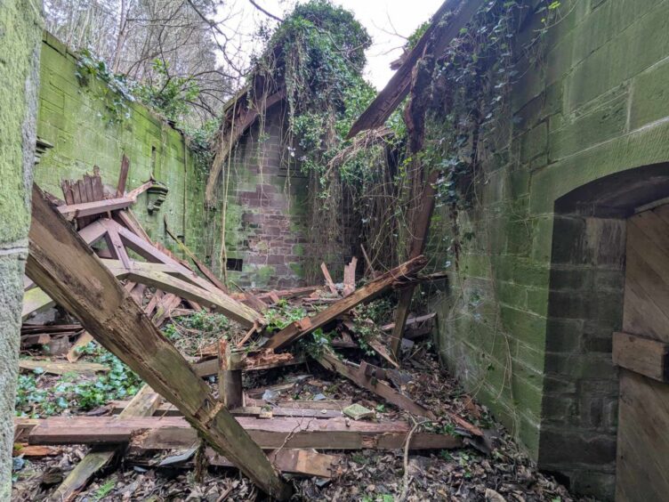 A peek through a window into the decaying ruins of Aldbar Chapel