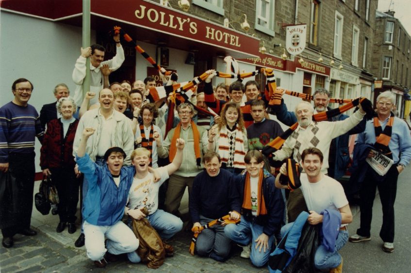 Dundee United fans in front of Jolly's Hotel before the 1991 Scottish Cup final.