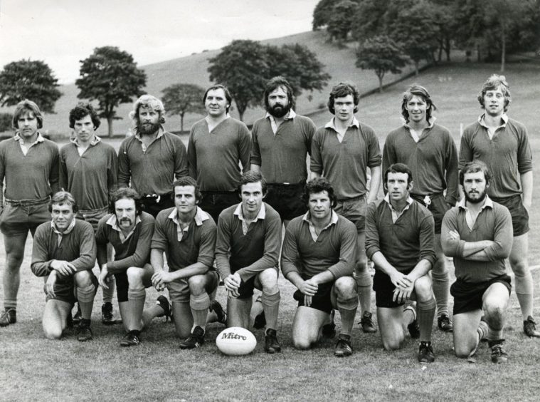 Harris Academy FP rugby team line up at Lochee Park before their Jubilee Cup game with Glasgow High in September 1976.