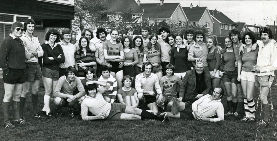 A shot of the teams before the Forthill Sports Club Select and the Red Hot Mammas ladies rugby team from Edinburgh play a game in October 1976.