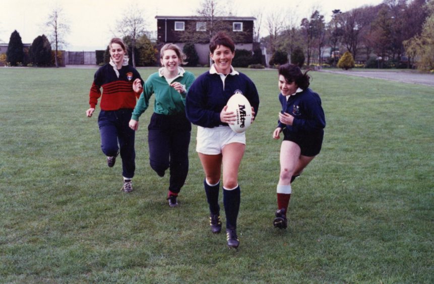 Female players from Dundee University playing rugby in April 1991.