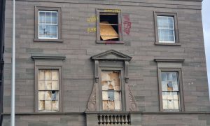 Smashed windows at Custom House in Dundee.