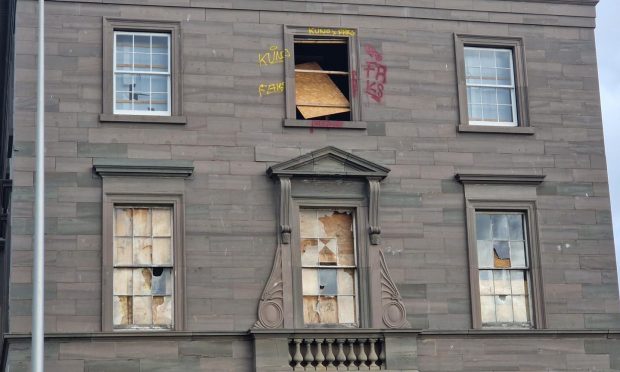 Smashed windows at Custom House in Dundee.