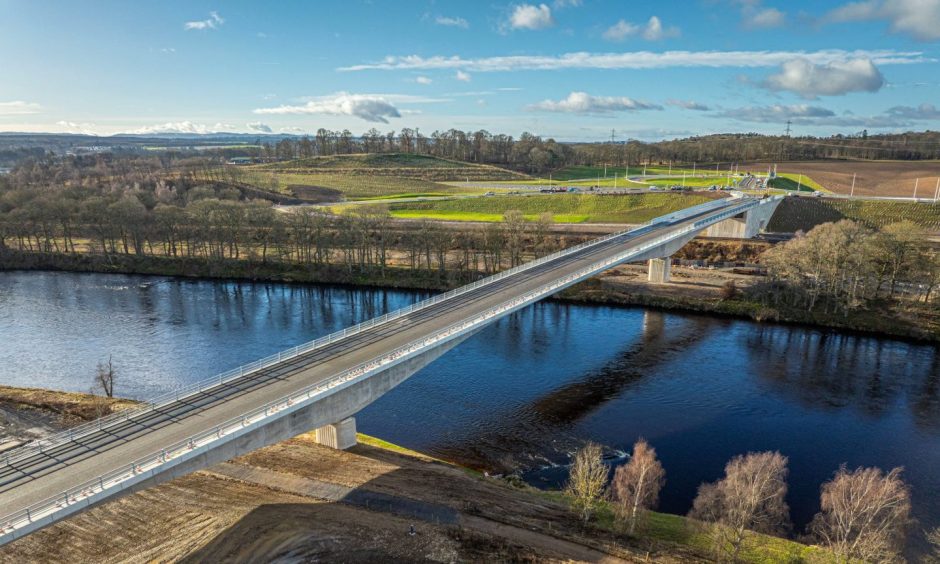 drone image of Destiny Bridge across River Tay