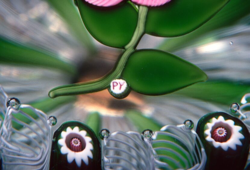 Close up of paperweight with tiny drop on green stem showing initials P and Y in centre