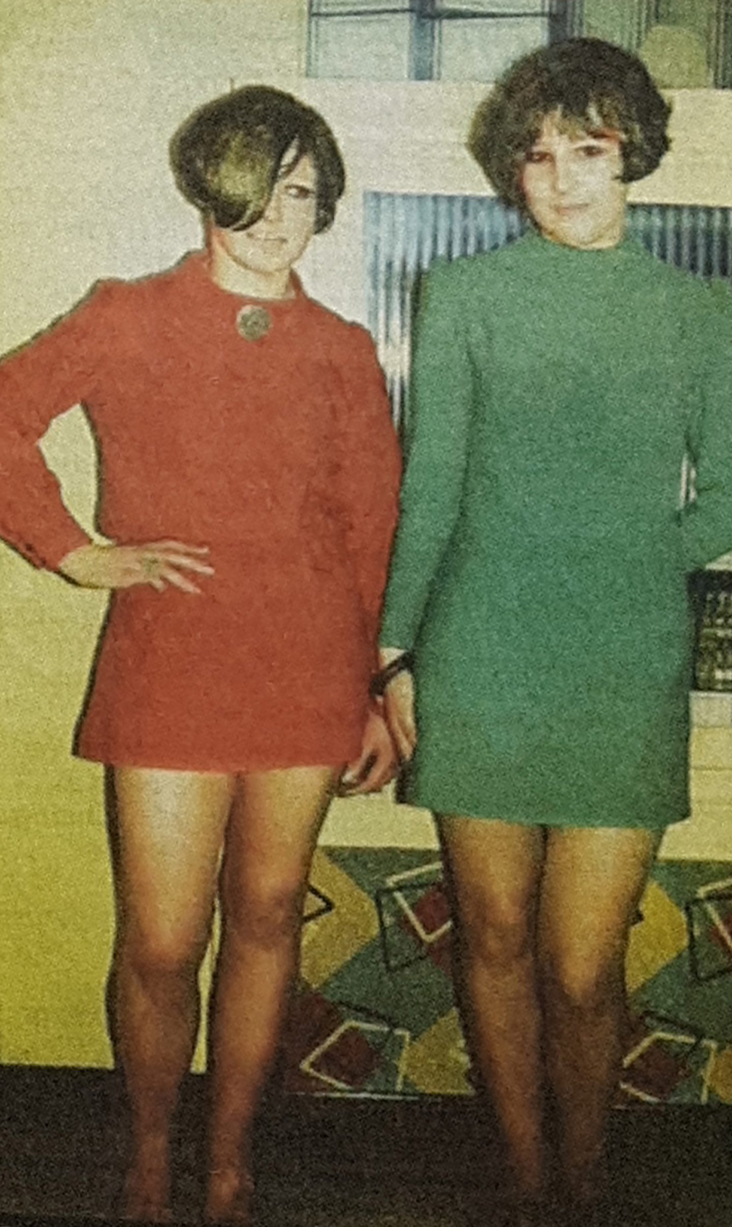 two girls with short dresses on