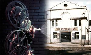 a montage showing the exterior of the Forest Park Cinema in Dundee and a projector