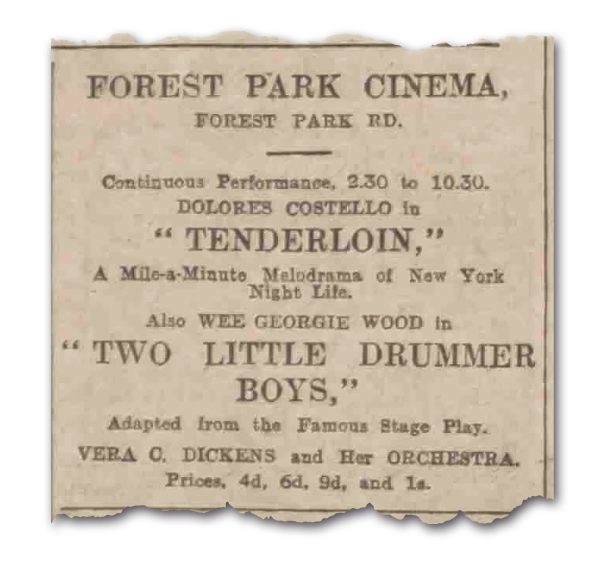 a newspaper ad for the Forest Park Cinema showing the screening times of two films, Tenderloin and Two Little Drummer Boys