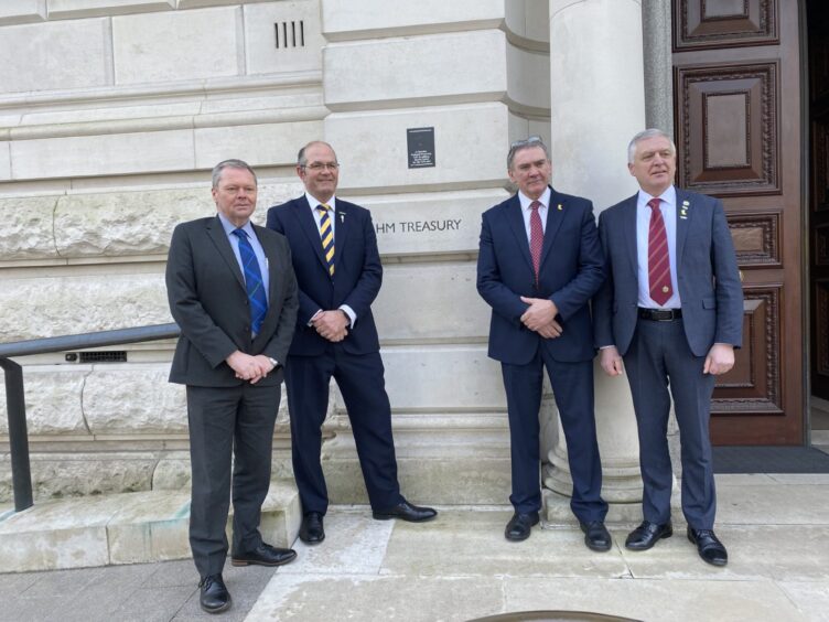 Union presidents Andrew Connon, NFU Scotland, Tom Bradshaw, NFU, Aled Jones, NFU Cymru and William Irvine, Ulster Farmers' Union outside the Treasury