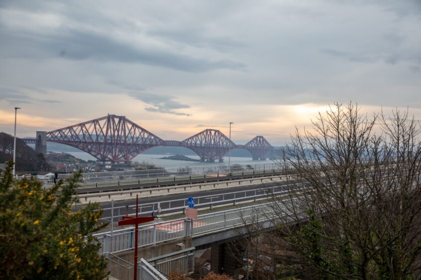 Image shows: the view from the Forth Road Bridge Viewpoint, looking towards the Forth Bridge. For Forth Bridges Trail feature.