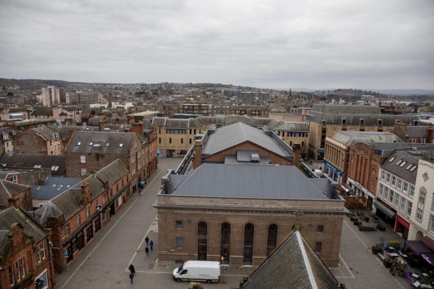 Perth Museum and Perth skyline viewed from top of St John's kirk