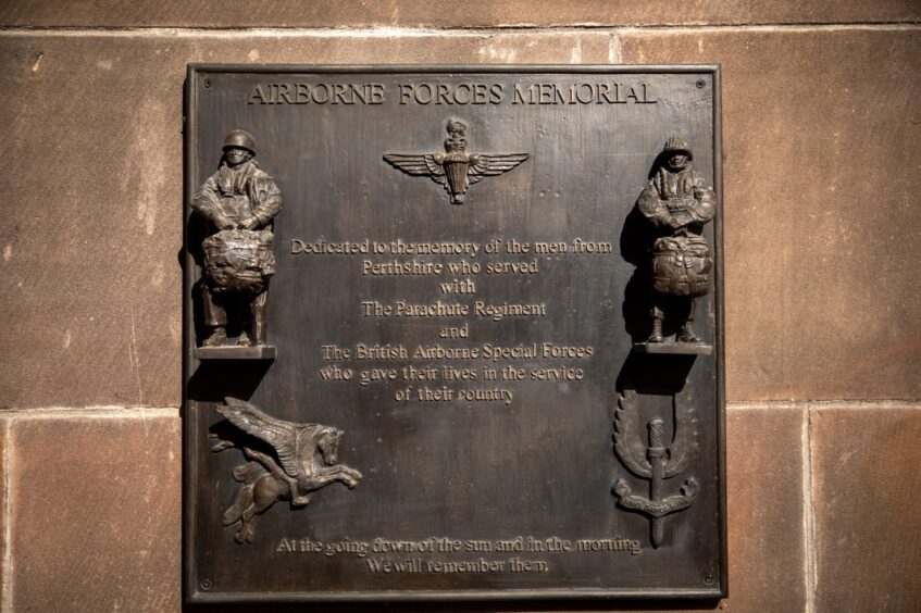 Close up of memorial to the men from Perthshire who served with the Parachute regiment and the British Airborne Special Forces