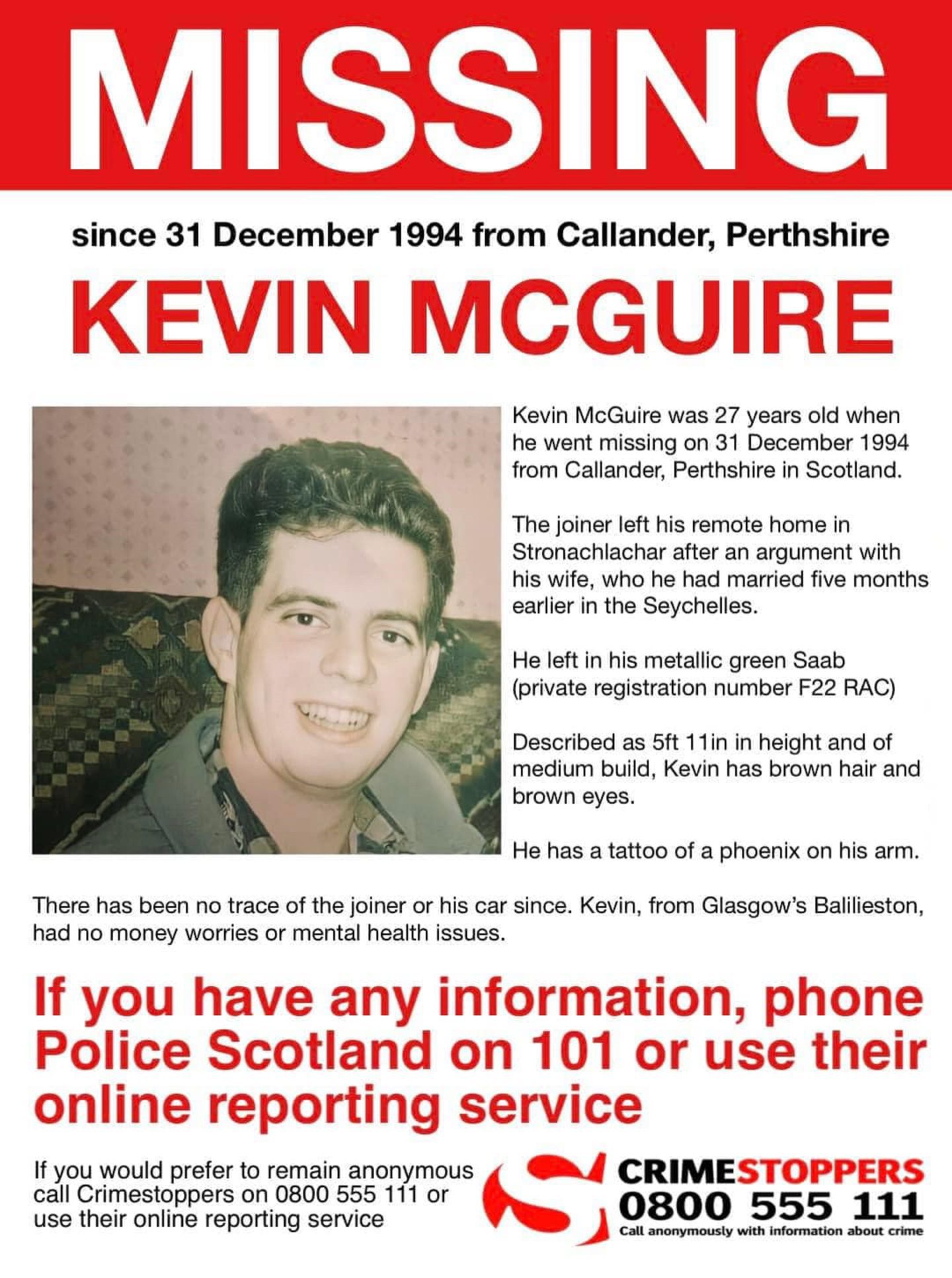 Stirlingshire missing person Kevin McGuire Police Scotland appeal poster.