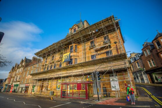 Drummond Arms exterior with scaffolding covering front of hotel