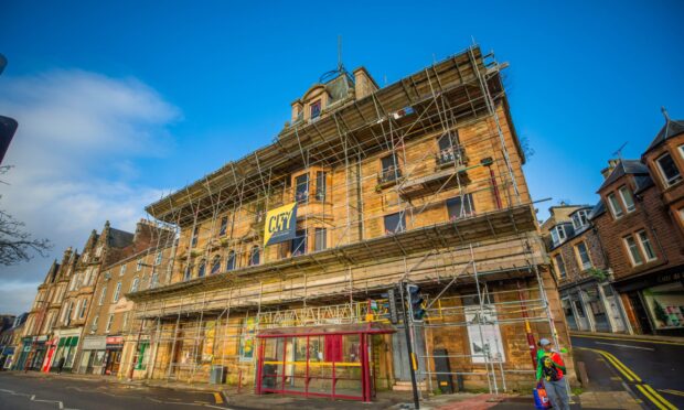 Drummond Arms exterior with scaffolding covering front of hotel