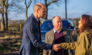 Prince William meets Malcolm Taylor, Depute Lord Lieutenant of Angus, and Stephanie Berkeley, manager of Farm Safety Foundation, at East Scryne Farm Shop, Carnoustie. Image: Steve MacDougall/DC Thomson