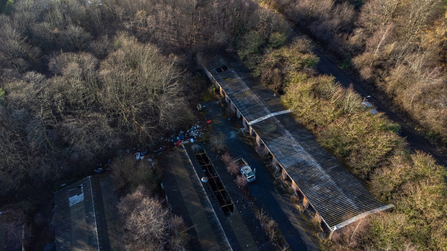 Aerial view of the abandoned units at Whitehill industrial estate in Glenrothes.