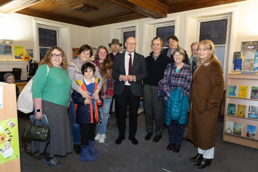 John Swinney with group of campaigners at Birnam Library