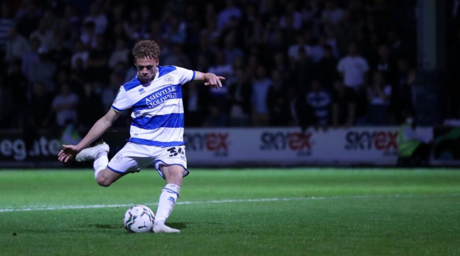 Stephen Duke-McKenna scores a penalty for QPR against Everton.