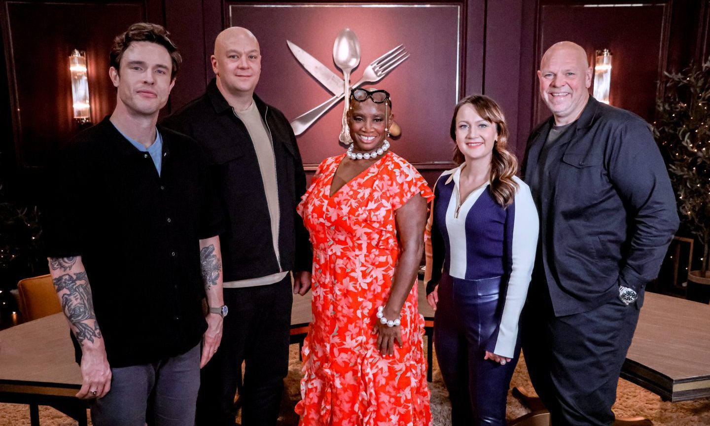 Great British Menu judges Ed Gamble, Ben Thomson (of Broughty Ferry RNLI), Andi Oliver, Lorna McNee and Tom Kerridge. Image: Optomen Television Ltd