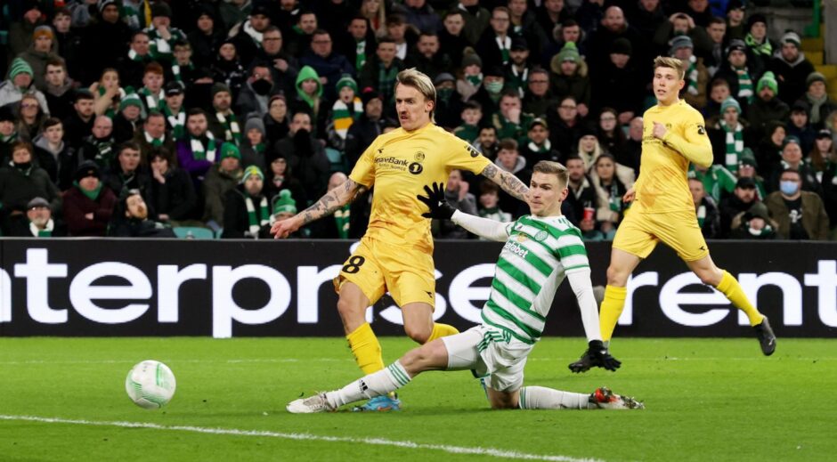 Runar Espejord scores against Celtic for Bodo/Glimt. 