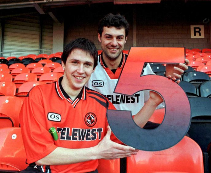 Craig Easton and Bernard Pasqual in the home and away Telewest kits in 1999