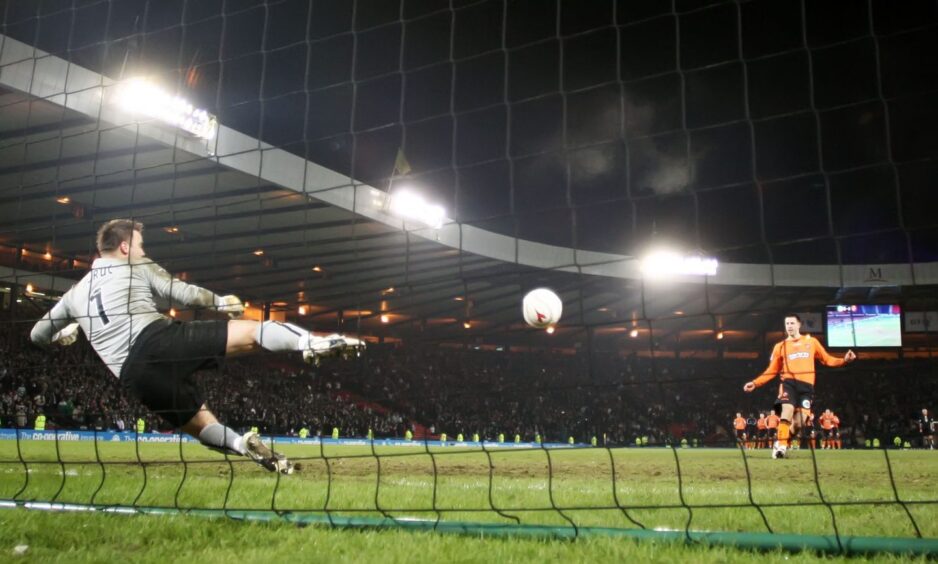 Mihael Kovacevic converts a penalty in United's CIS Insurance Cup semi-final shootout defeat against Celtic in 2009