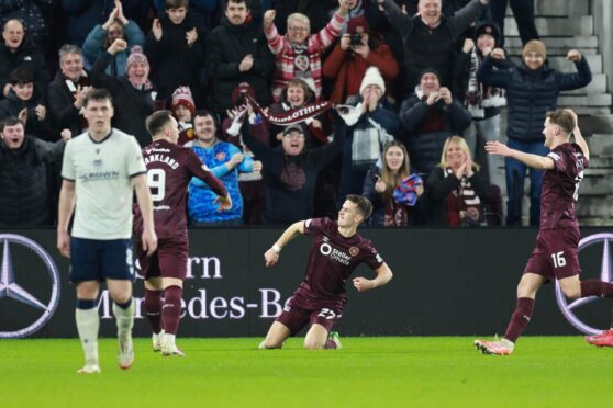 Hearts celebrate as they knock Dundee out of the Scottish Cup and head for the semi-finals. Image: David Young/Shutterstock