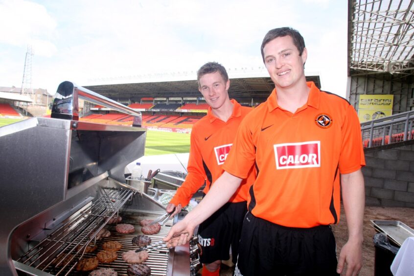 Jon Daly and Paul Dixon launch the Calor Gas kit with a barbecue at Tannadice in 2010