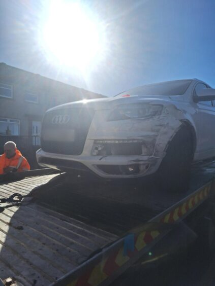 Damage to Audi after crash on Dundee Road in Forfar.