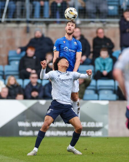 Daniels Balodis wins a header in the Dundee game. 