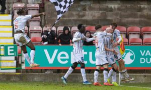 Dunfermline Athletic celebrate Chris Kane's equalising goal against Morton.