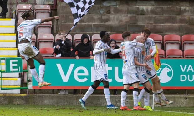 Dunfermline Athletic celebrate Chris Kane's equalising goal against Morton.