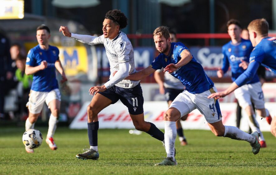 St Johnstone defender Daniels Balodis in action against Dundee.