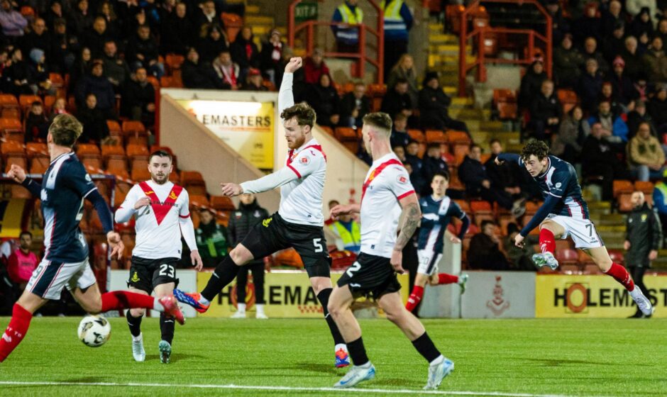 Miller Thomson fires a shot narrowly wide against Airdrie.