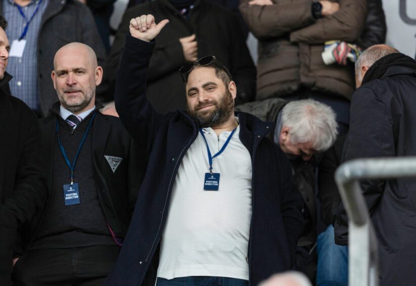 New Dunfermline Athletic owner James Bord gives a thumbs up as chairman and CEO David Cook looks on.