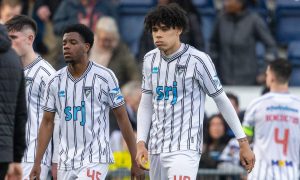 Omar Taylor-Clarke and Jeremiah Chilokoa-Mullen traipse off the pitch at the end of Dunfermline Athletic's defeat to Falkirk.