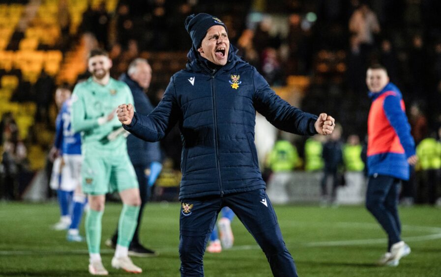 Manager Simo Valakari celebrates with the St Johnstone fans after their win at Livingston. 