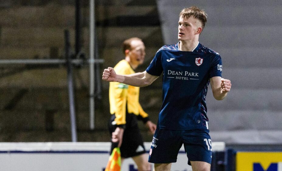 With clenched fists, Finlay Pollock celebrates his Fife derby opener for Raith Rovers.