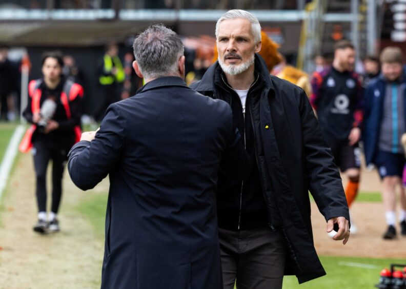 Jim Goodwin, right, and victorious Dundee counterpart Tony Docherty.