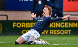 Simon Murray in celebration mode at Tannadice. Image: Euan Cherry/SNS