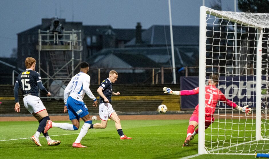 Scott Tiffoney's miss against Rangers. Image: Paul Devlin/SNS