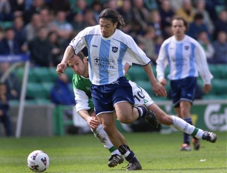 Fabian Caballero in the away kit while playing for Dundee FC against Hibs