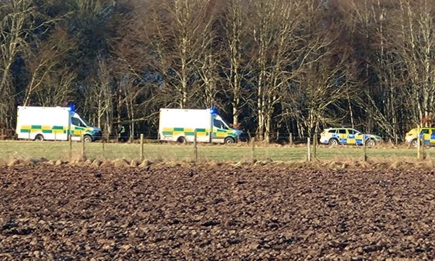 Police and ambulances at Caddam Woods in Kirriemuir. Image: Lindsey Hamilton/DC Thomson