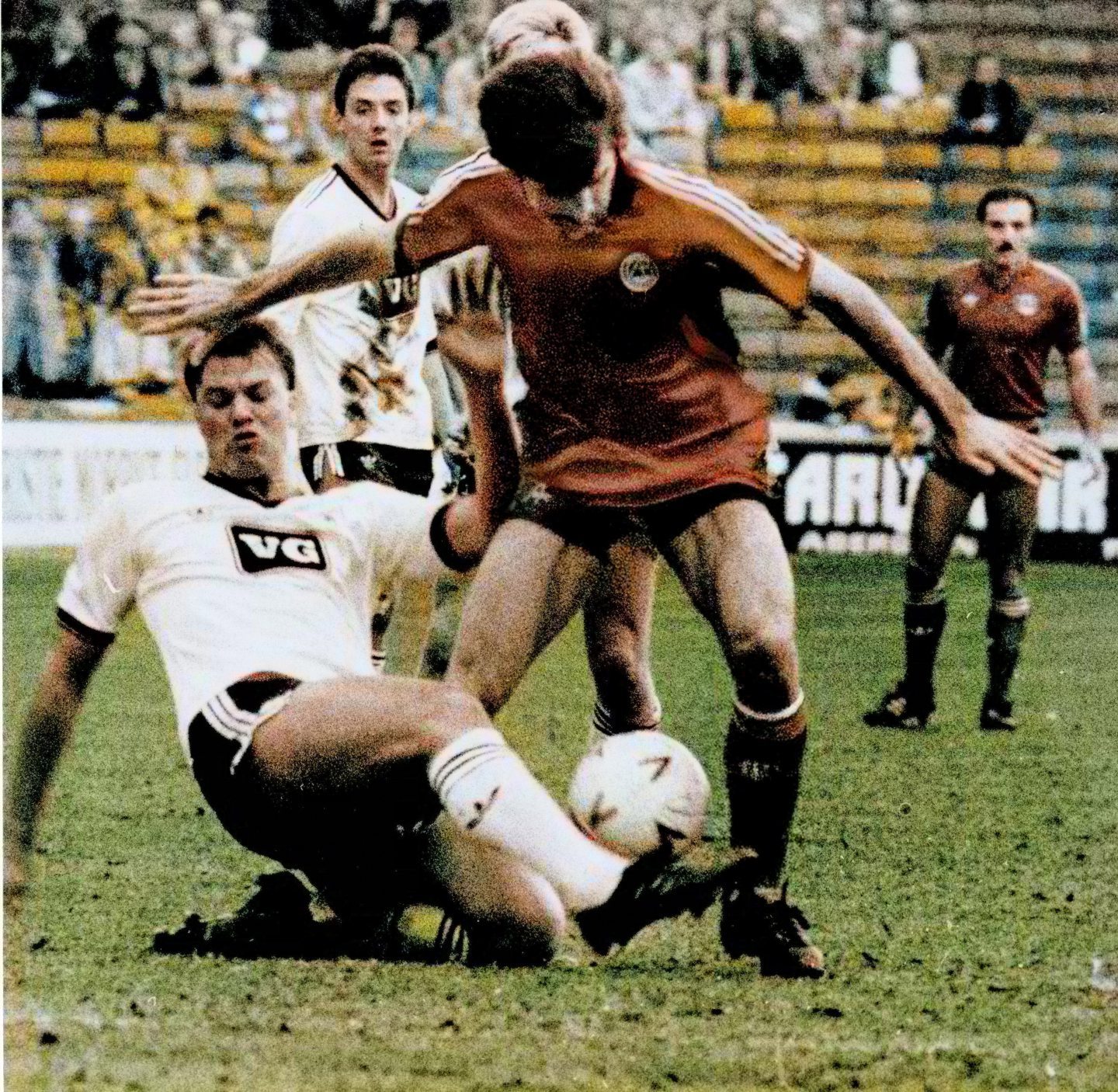 John Clark puts in a tackle while wearing the Terrors' away kit in 1987