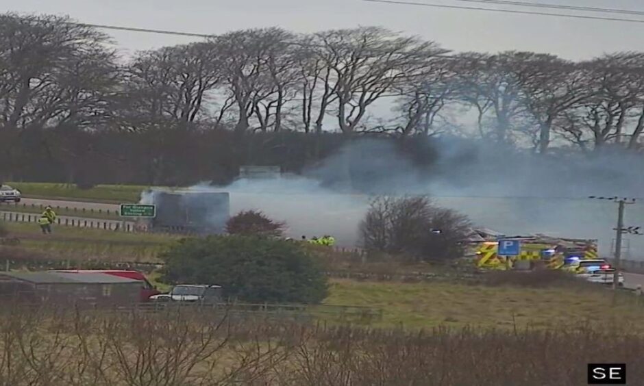 Emergency services are at the scene of the Broxden Roundabout lorry fire 